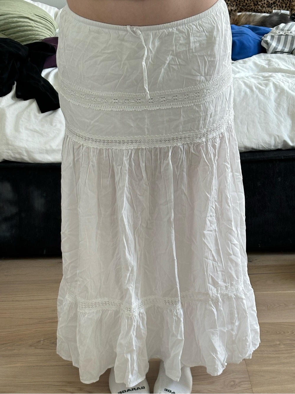 Garage White Tiered Maxi Skirt with Lace Trim